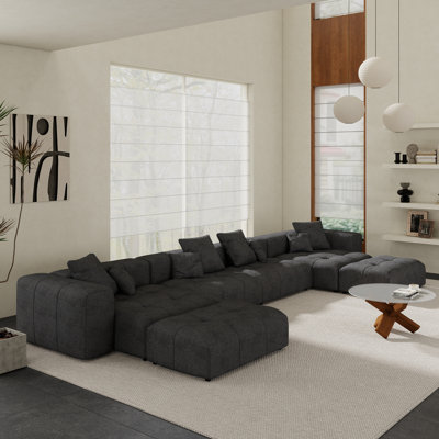 Kay Crumley 6-Piece Upholstered Modern Linen Fabric Sectional Sofa With Ottoman