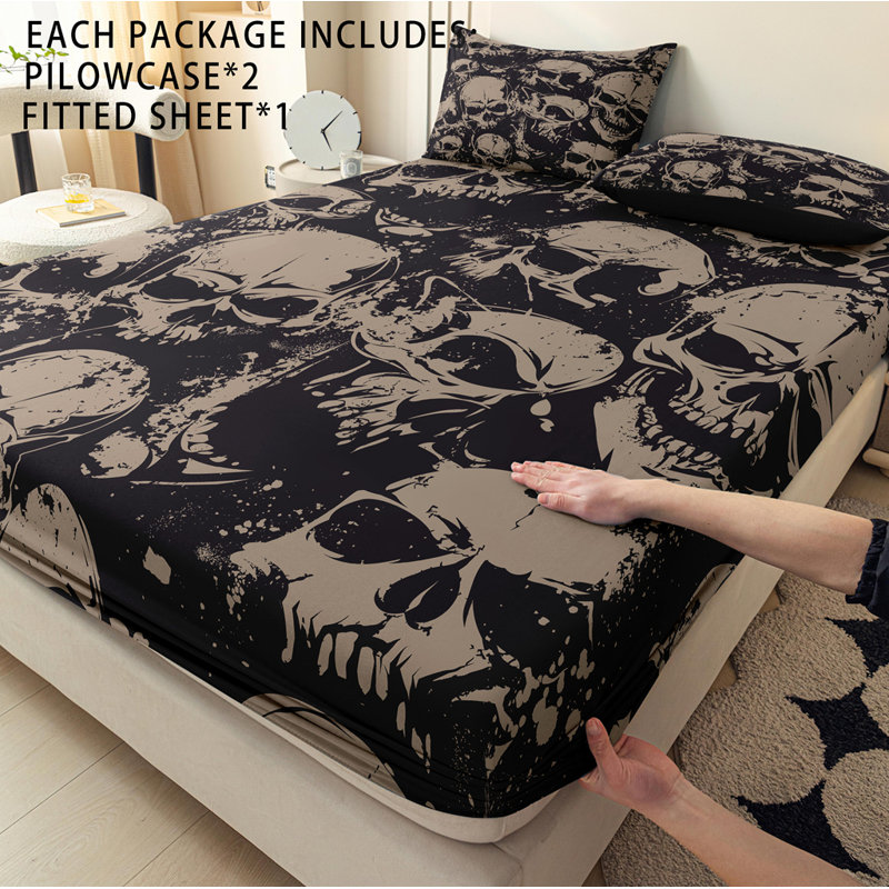 Orylavena Gothic Damask Skull Fitted Sheet Set, Gray and Black Vintage Filigree Microfiber Bedding, Twin Full Queen King Sizes, Digital Print, No Pillow Insert Included