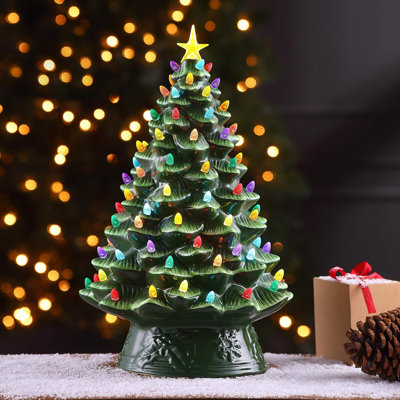 Nostalgic Ceramic Christmas Tree With LED Lights Indoor Decoration, 12 Inches, Green
