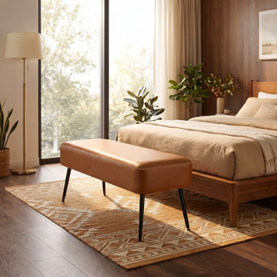 Hall d'entrée et banc de chambre à coucher - Repose-pieds moderne de style Mid-Century avec cuir synthétique cousu et pieds en acier, siège de salon, peut supporter 660 lb, brun caramel