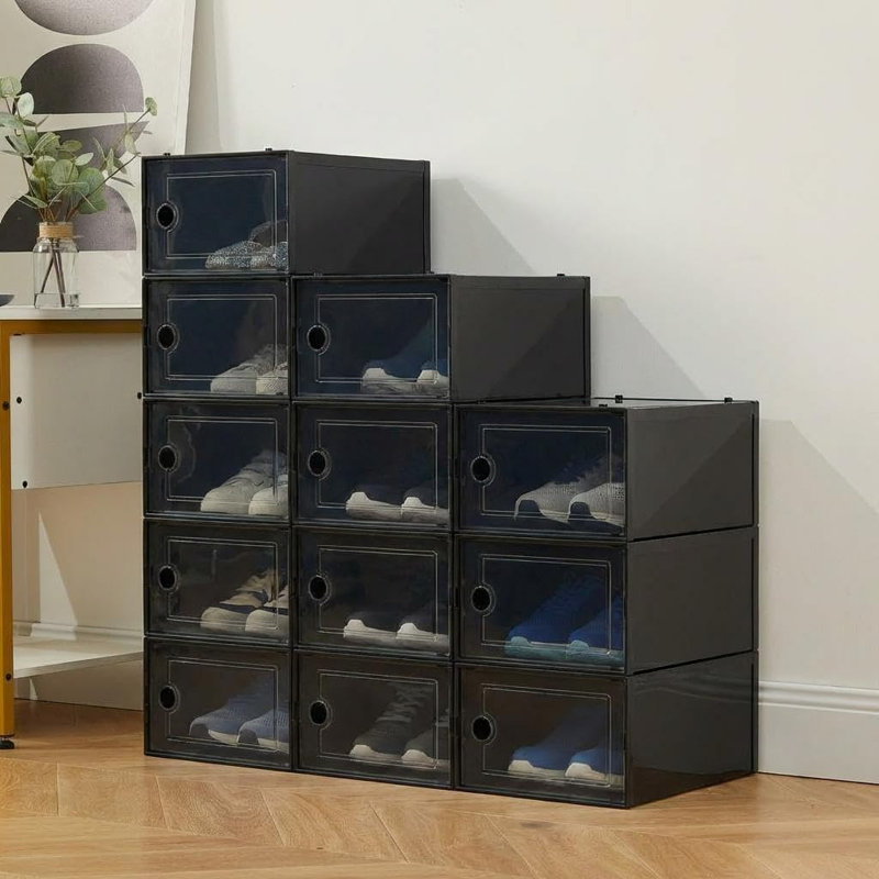 Clear Plastic Folding Shoe Storage Boxes, 12-Pack, Closet Organizer for Shoes and Small Items, 15, Black