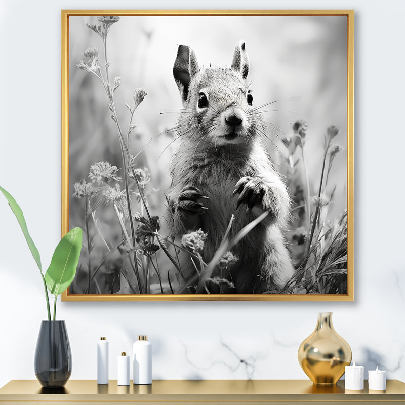 Noir, blanc, écureuil, forêt, acrobate II - écureuil, art mural animal, Gold Picture Framed, 36" H x 36" W