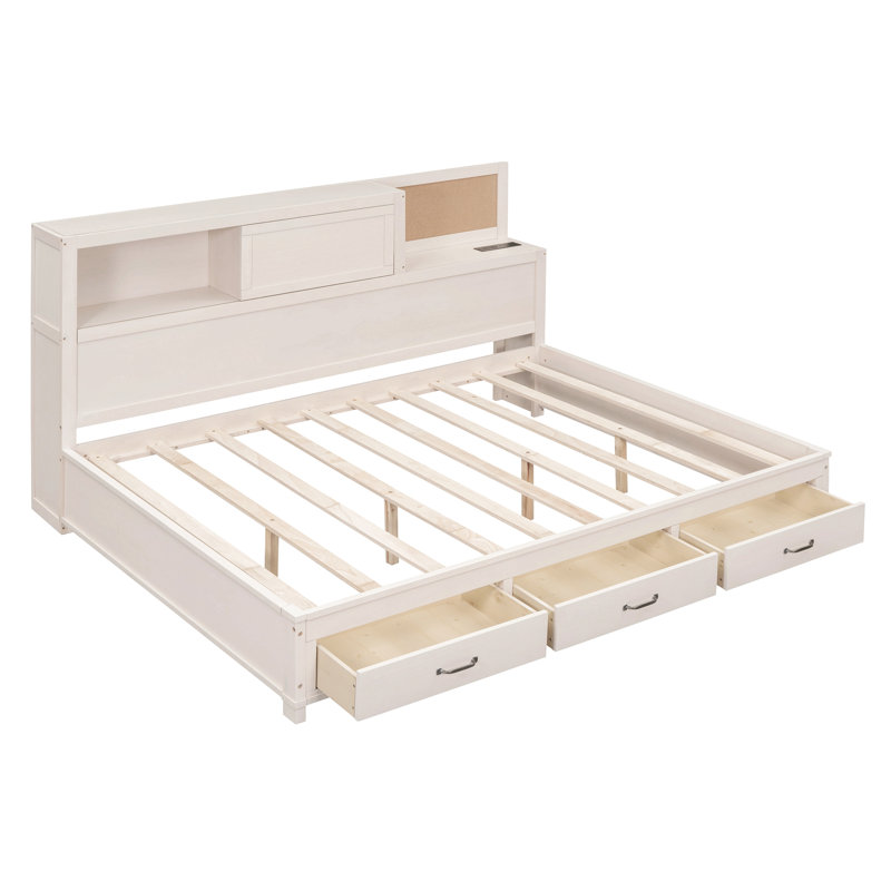 Lit de jour en bois pleine grandeur avec 3 tiroirs de rangement, tableau souple supérieur, tablette et ensemble de douilles et ports USB