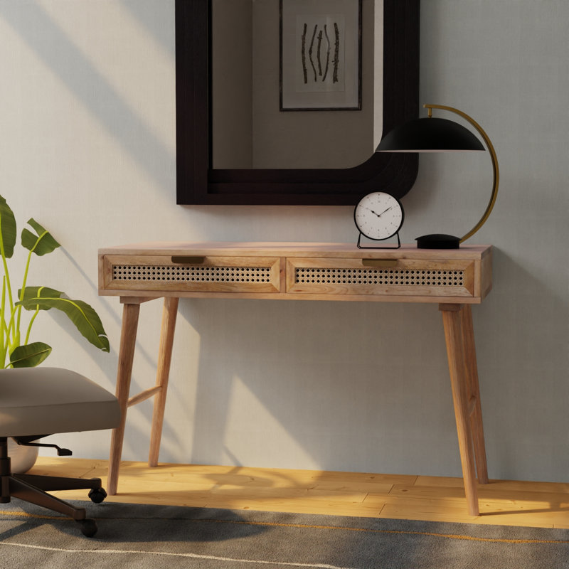 Natural Acacia Wood Desk with Cane Drawers and Built-in Power Outlet
