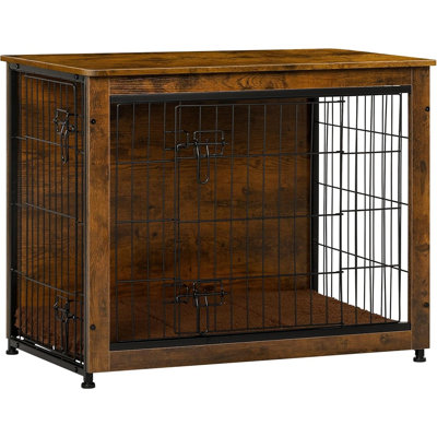 Mobilier pour cage de chien avec coussin imperméable, niche en bois à double porte, cage d'intérieur avec pattes réglables, table d'appoint et table de chevet marron rustique
