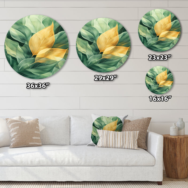 «Tropical Dancing Leaves», décoration murale ronde en métal, impression sur métal jaune traditionnel, H 36 po x l 36 po