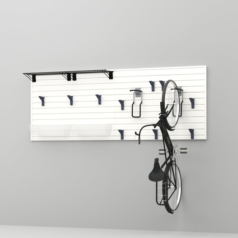 Flow Wall 17 Piece Slatwall Panel, Shelf, Bin & Bike Hook Storage Set - Slatwall, White