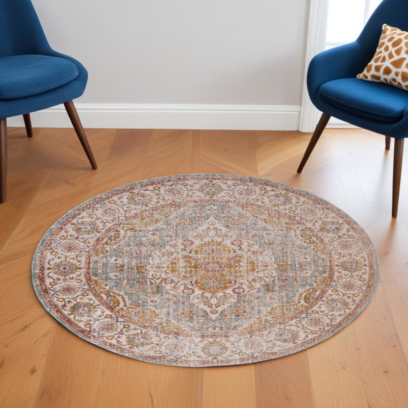 6' Orange Oriental Distressed Round Rug