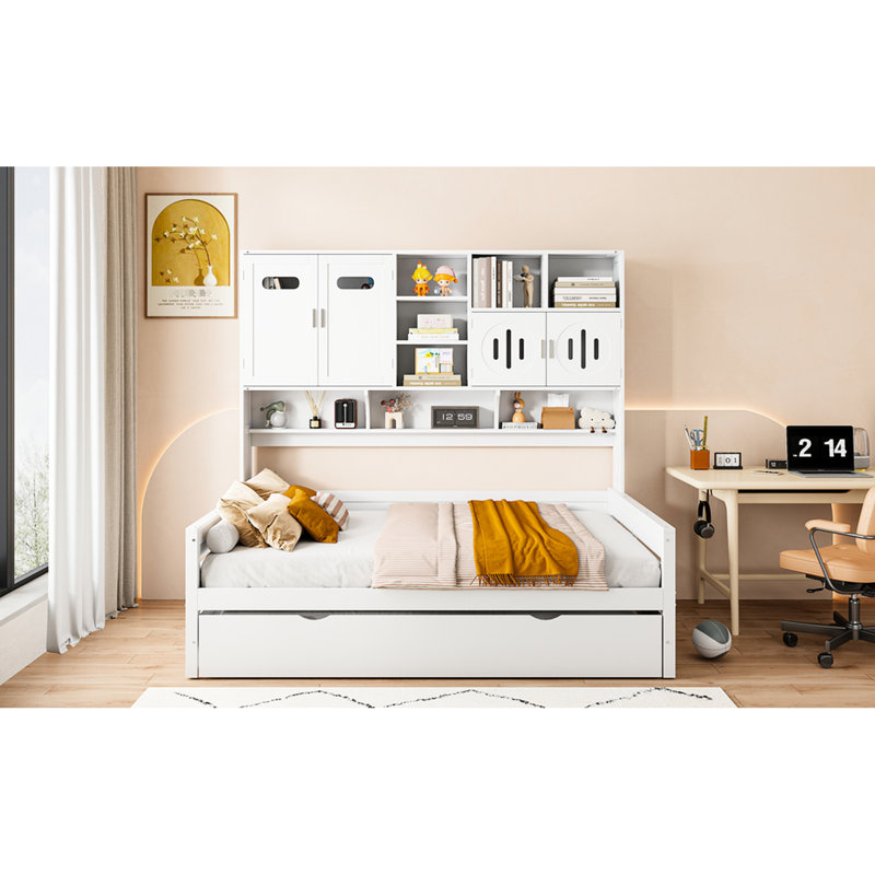Lit de jour double en bois avec lit gigogne simple, tablette - armoire moderne et taille Design, blanc, Pin, Lit double