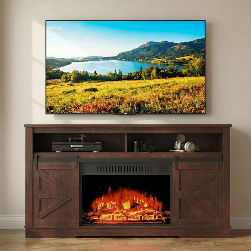 Thoa 58'' Media Console TV Stand For TVs Up To 65" With Electric Fireplace Included, Brown