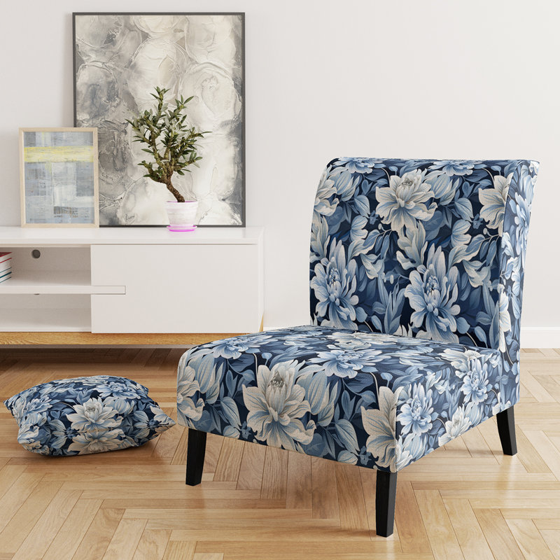 Fauteuil de chambre bleu et blanc pivoines damassées IV - rembourré Cottage