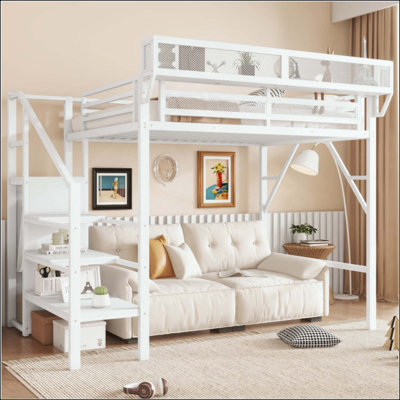 Lit mezzanine avec escalier, lit en métal avec tablettes de rangement, lit mezzanine haut avec garde-robe pour les enfants adolescents