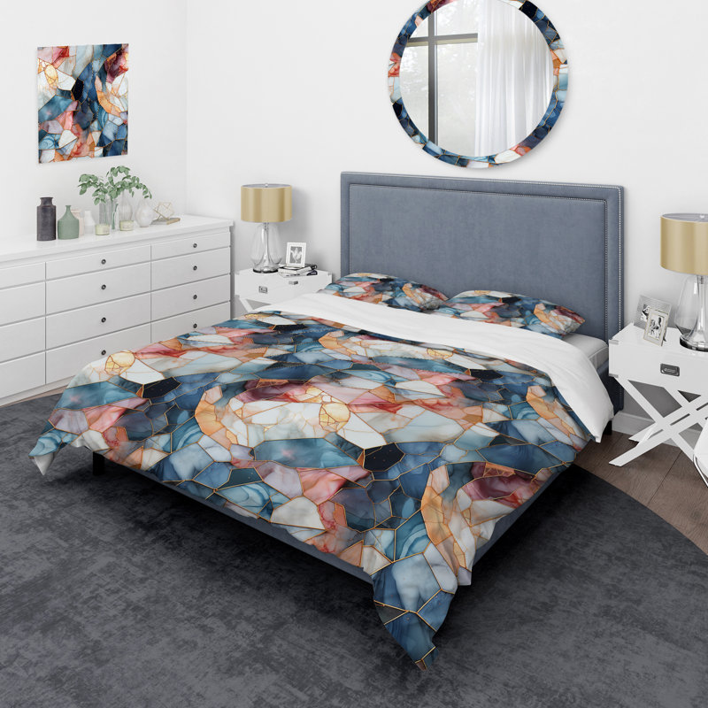 Teal And Red Marble Mosaic Elegance - Marble Duvet Cover Set, Housse de couette pour très grand lit et 2 très