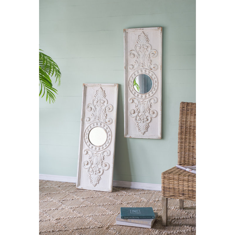 Ensemble de 2 grands panneaux d'art mural en bois avec finition blanche patinée et décorations de miroir rond