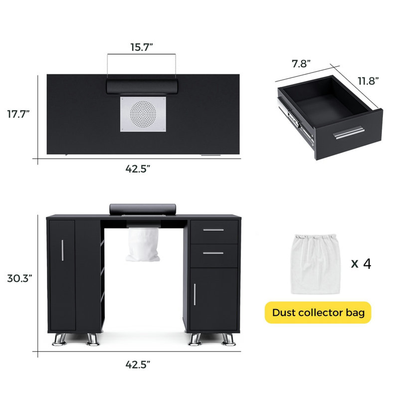Aldgate Manicure Table Nail Table Station with Electric Dust Collector 4 Dust Bags, Wrist Cushion, Black
