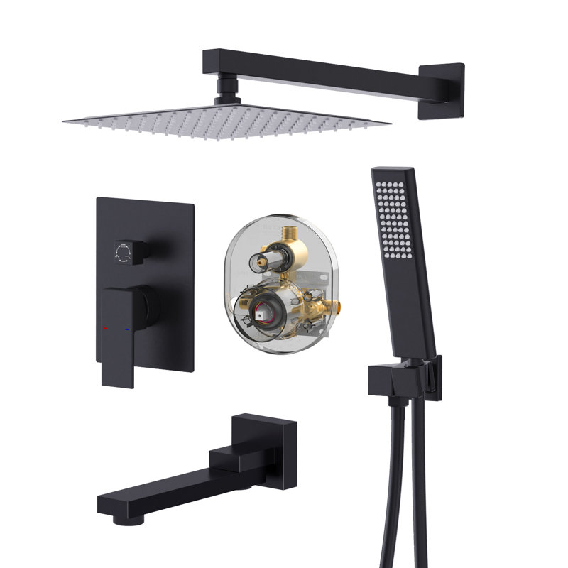 Topcraft Wall-Mounted 10-Inch Rain Shower System With Handheld Showerhead And Tub Spout, Matte Black