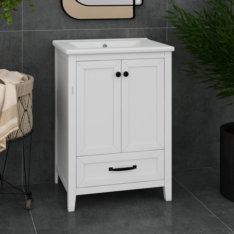 Petit meuble-lavabo 24 po avec lavabo, 1 tiroir et 2 portes de rangement, meuble-lavabo simple moderne en bois massif