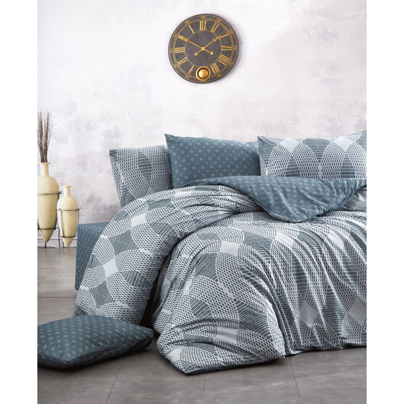 Ensemble de housse de couette 100% coton Annawan, Gris / turquoise, Housse de couette double TG + 3 pièces supplémen