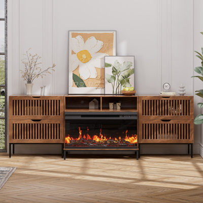 3-sided Glass Farmhouse Fireplace Tv Stand For Tvs Up To 100 Inch, Entertainment Center With 36" Electric Fireplace, 4 Drawers Storage