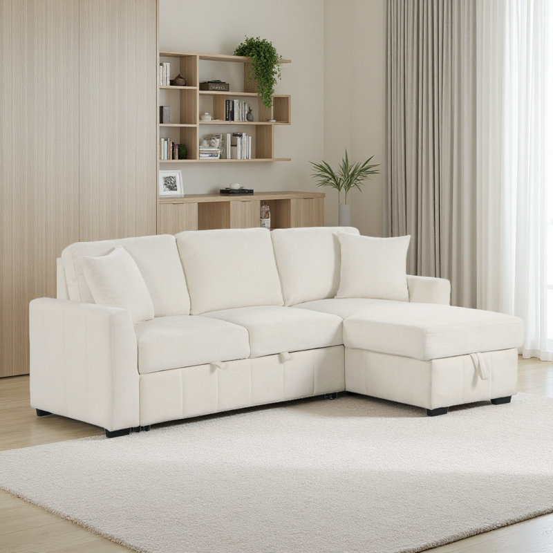 Canapé-lit modulaire en forme de L 90 po avec méridienne réversible avec rangement, coussin central rabattable avec deux porte-gobelets, revêtement en tissu tricoté Warp, canapé modulaire pour le salon