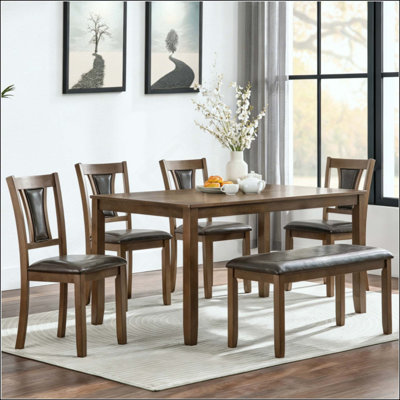 6-Piece Dining Table Set with Bench and Chairs, dining table set for 6 people, Farmhouse Rustic Style 6 Person Dining Table Set for Dining Room, Kitch