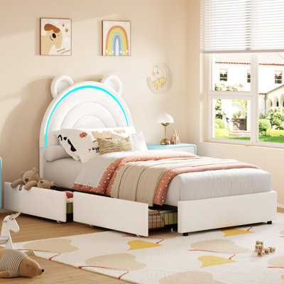 Twin Size Bed Frame with 2 Storage Drawers & LED Lights, Velvet Upholstered Platform Bed with Rainbow Headboard