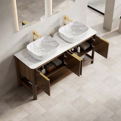 Freestanding Wooden Bathroom Vanity With Sintered Stone Countertop And Volakas White Marble Vessel Sink, Open Shelf For Storage