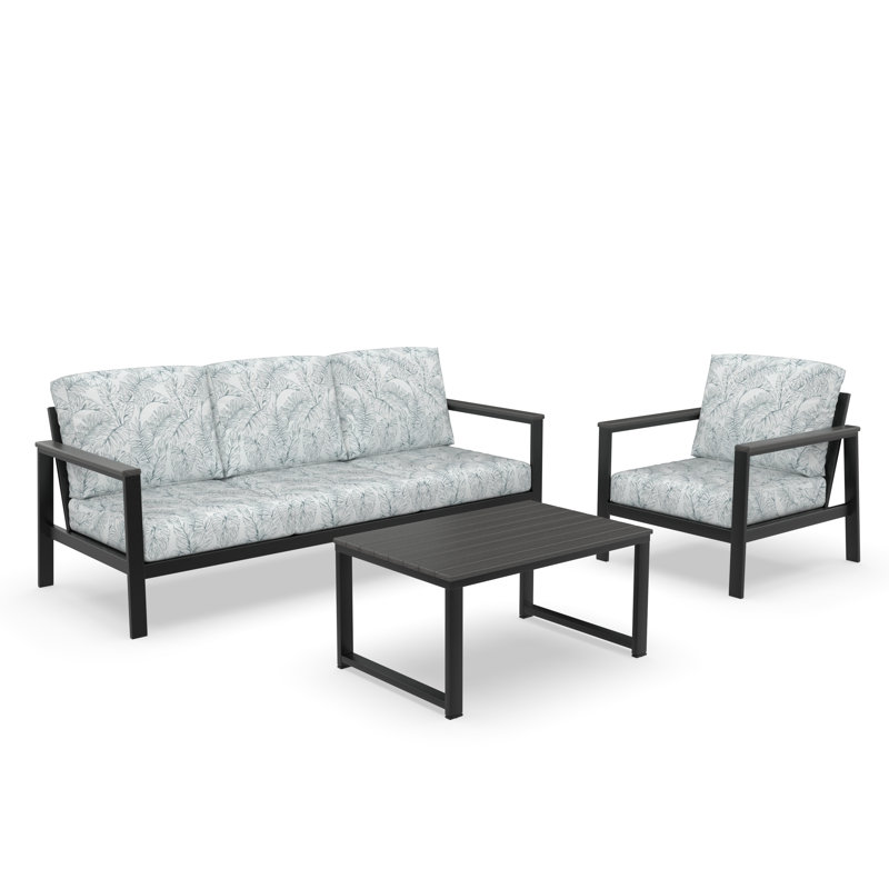 Ensemble de conversation 3 pièces avec coussins Sunbrella® Suren, 3 Pcs: Table, Sofa, Chair, Motif floral vert / blanc, Black