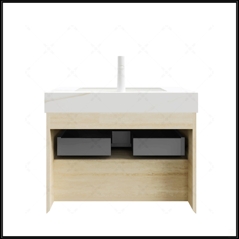 Meuble-lavabo de salle de bain avec lavabo, armoire de rangement flottante, lumière à capteur, lavabo en céramique et plateau en pierre frittée, pré-assemblé, finition travertin
