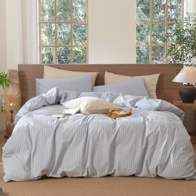 Ensemble de housse de couette à rayures 100% coton lavé MooMee, Larges rayures - bleuet / blanc