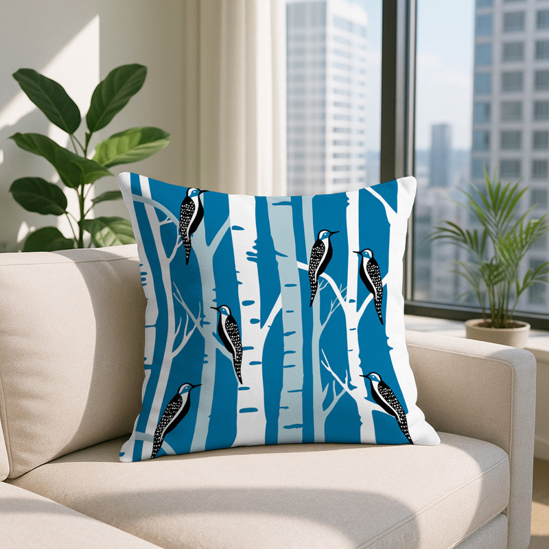 Oreiller carré réversible intérieur / extérieur Fiore Bird, Carré 15 po, Turquoise