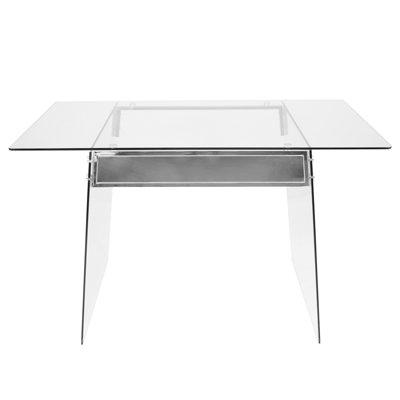 Bureau contemporain en verre avec base en acier inoxydable chromé, plateau trempé transparent pour bureau personnel