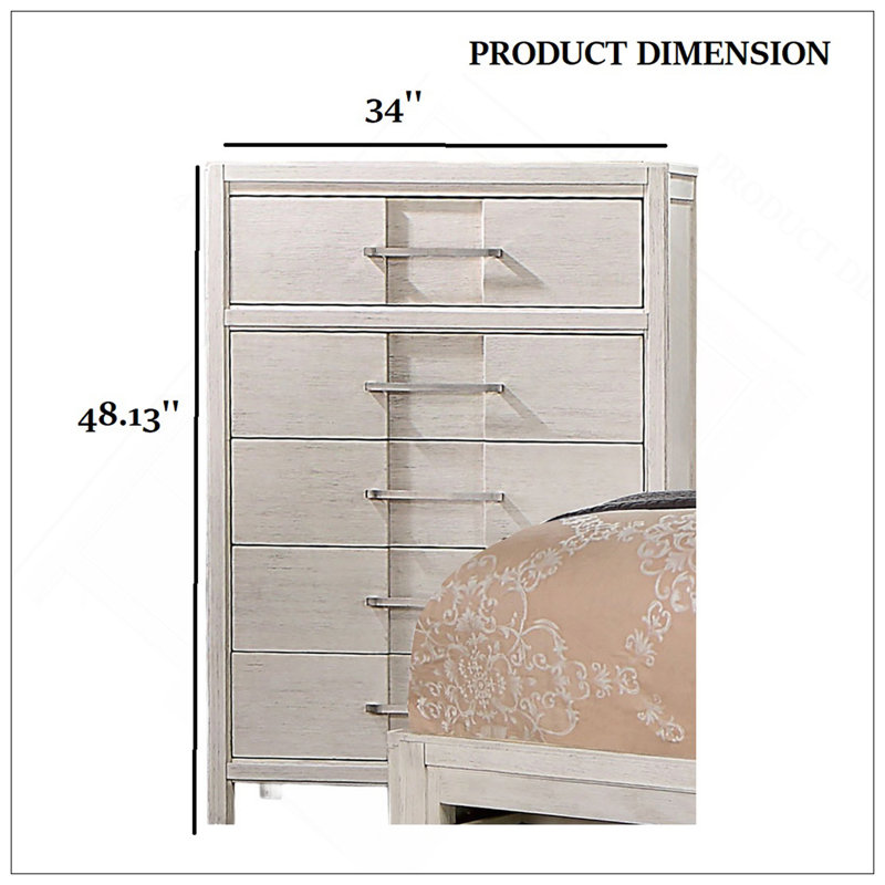 Commode 1 pièce style transitionnel à queue d'aronde anglaise à cinq tiroirs avec poignées courbées et finition blanche