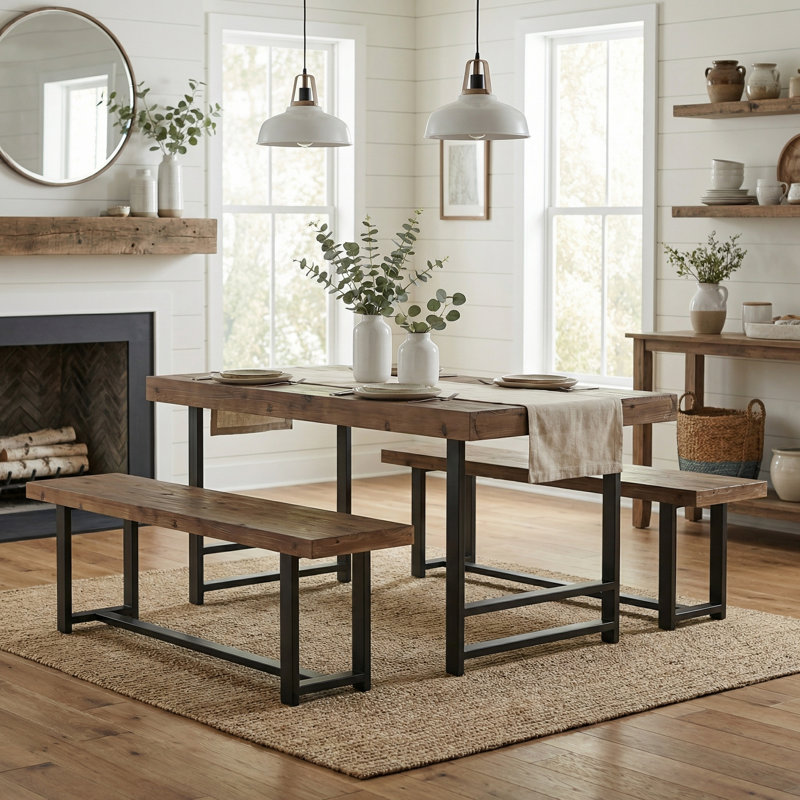 4-Person Solid Wood Dining Table Set, 3-Piece Dining Table With 2 Dining Benches For Kitchen