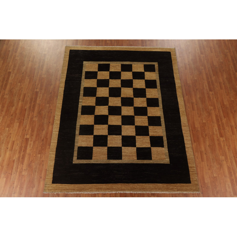 Tapis noir en laine noué à la main de conception unique 8 pi 2 po x 10 pi 3 po Anabel