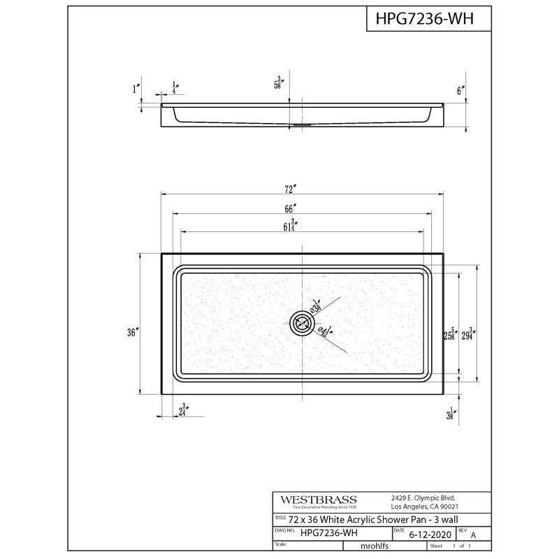 Base de douche à seuil simple l 72 po x P 36 po, Chrome poli