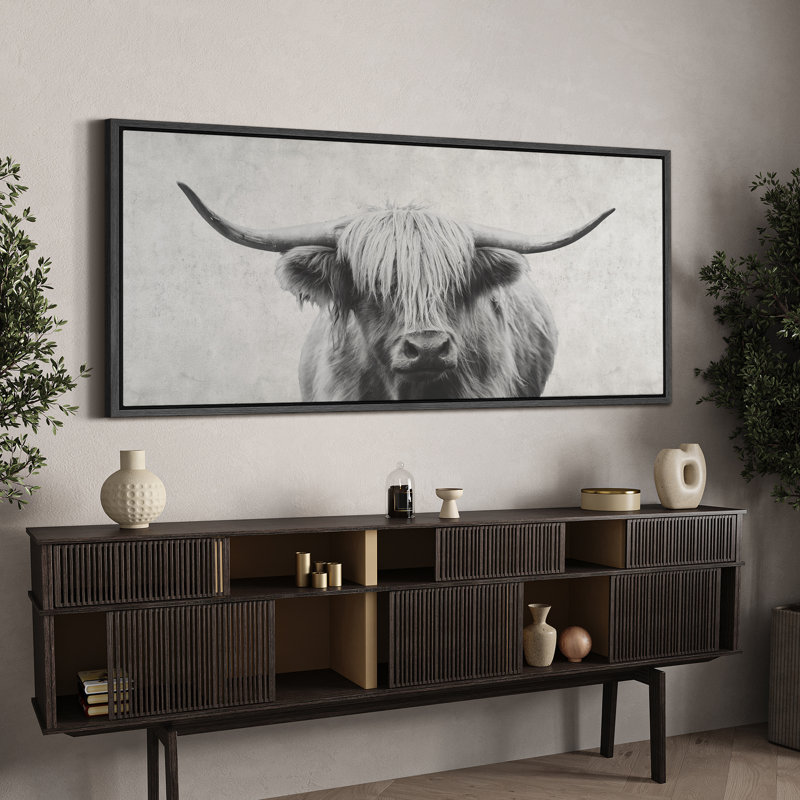 Animals "Portrait Of A Highland Cow Black And White Modern Art Extra Large Framed Wall Pictures, 30" H x 60" W, Black