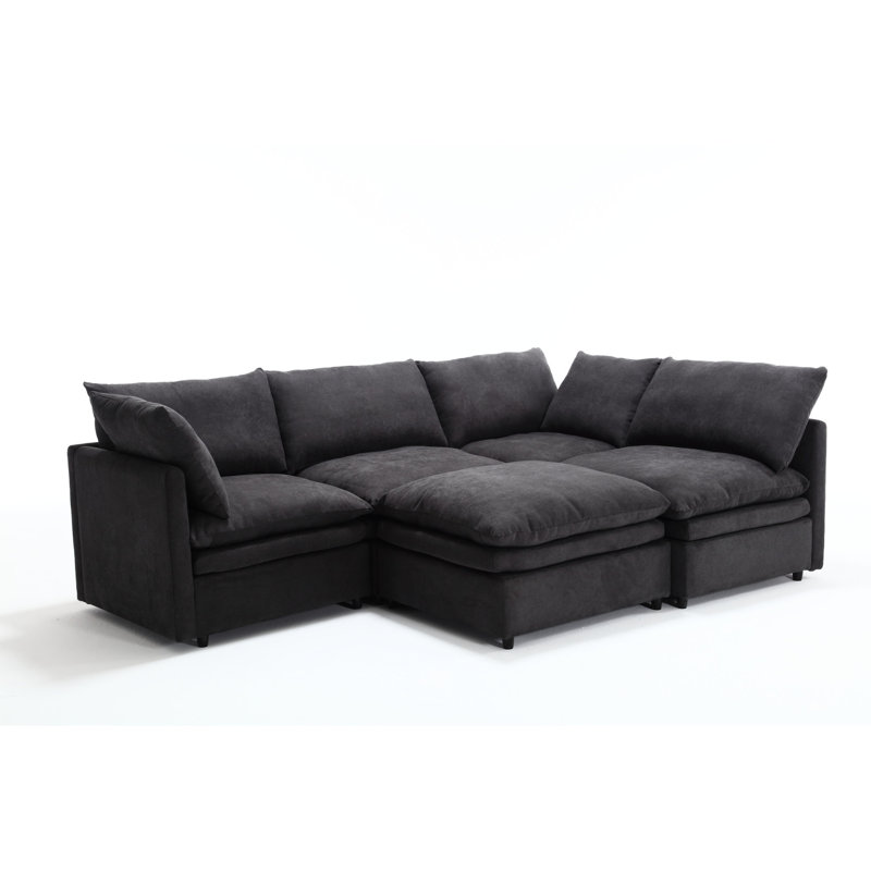 Salon modulaire en forme de U - Canapé-lit à 5 places avec méridienne, revêtement gris foncé, fabrication en bois et en fer, coussins doubles revêtus d'espace
