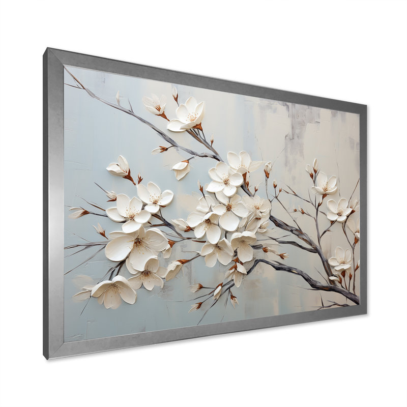 «White Dogwood Blossom Scenery III» - art mural cornouiller, Cadre flottant doré, H 34 po x l 44 po x P 1,5 po