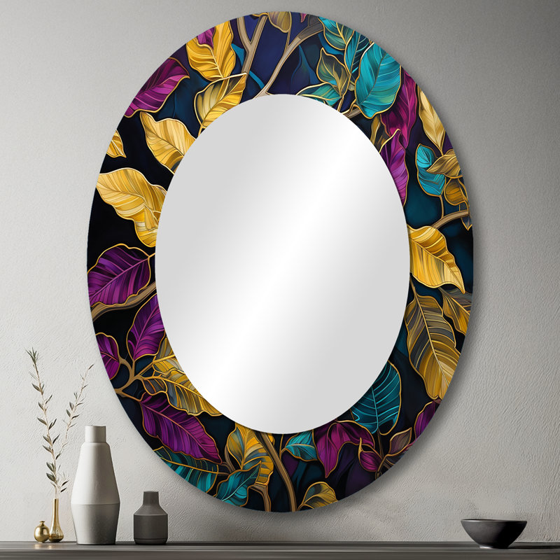 «Colorful Leaves Charm Foliage» - miroir mural décoratif à feuilles, miroir doré, impression sur métal, 43 po x 33 po, Ovale