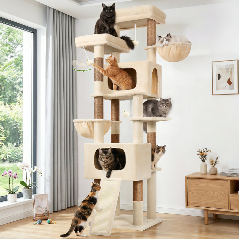 77" Cat Tree For Large Cats, Tall Cat Tower For 4+ Multi-cathouseholds With 2 Condos & Hammocks, Heavy Duty Cattree Small Space Saving Design, Soft Velvet Indoorplayground