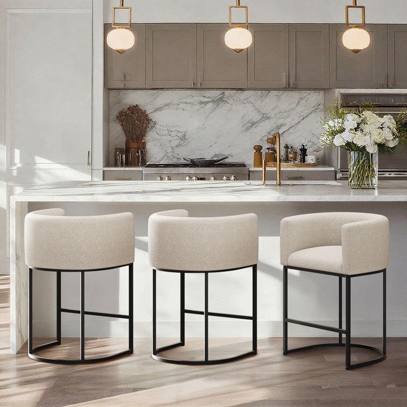 Upholstered Counter Stool with Metal Frame, Beige