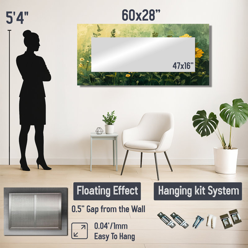 Été fleurs sauvages dans les tons verts et jaunes II - Art mural miroir floral - imprimé sur métal, 28 po x 60 po