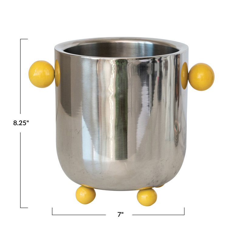 Stainless Steel Ice Bucket With Citron Color Enameled Ball Handles And Feet