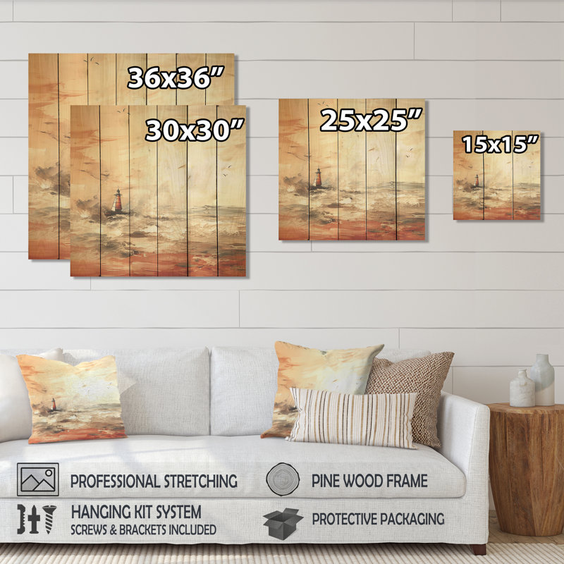 Peinture jaune du phare au coucher du soleil II - Coucher de soleil côtier sur bois, H 36 po x l 36 po