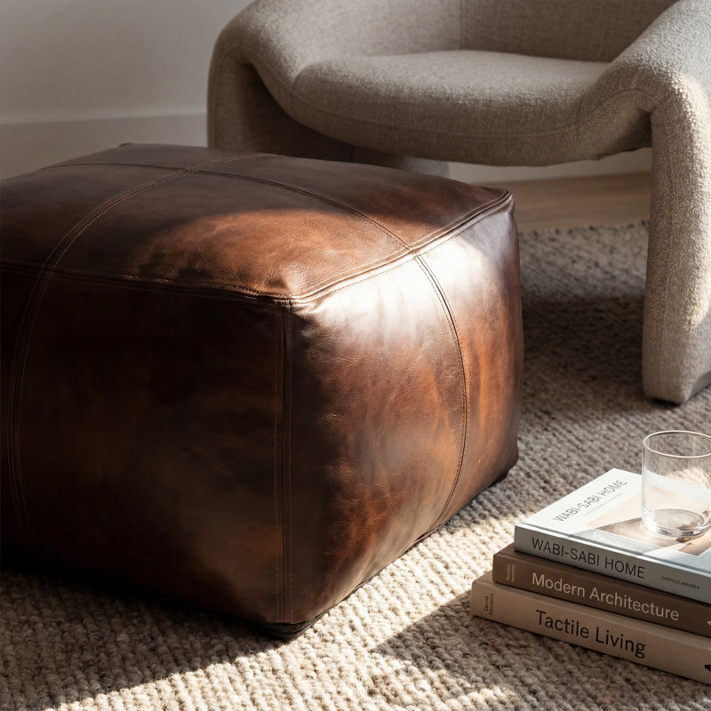 Pouf carré en cuir véritable 22 po Cleore Galya, Cuir véritable brun foncé