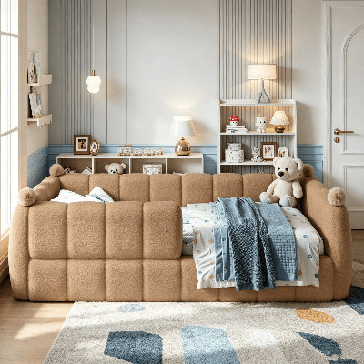 Lit de sol rembourré doux, lit plateforme pour enfants avec rails de sécurité entourant le lit, structure de lit d'enfant bas au sol, lit de jour bas, lit à profil bas pour chambre d'enfant et chambre d'amis