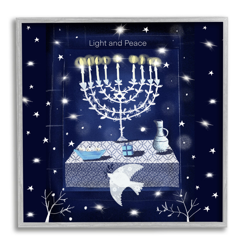 «Light & Peace Menorah Stars» encadré sur bois par Susse Linton, impression, H 17 po x l 17 po x P 1,5 po