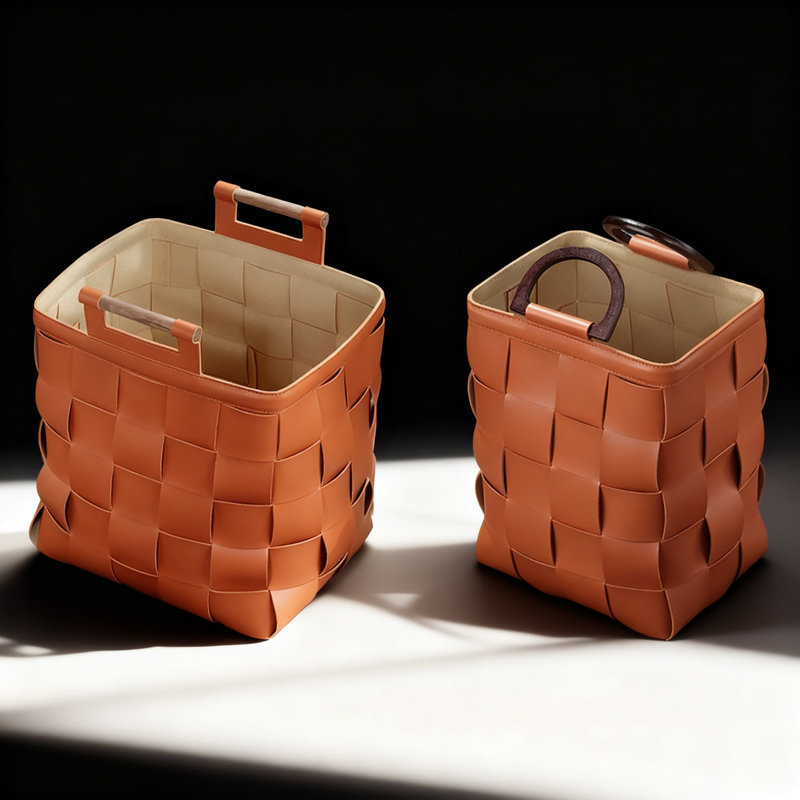 Handwoven Leather Laundry Basket With Dual Handles - Stylish Scandinavian Storage Bin For Clothes, Snacks, And Home Organization