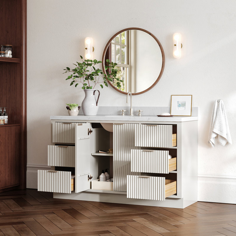 Meuble-lavabo simple en bois massif 60 po avec plateau en quartz blanc chaud de 1,5 po Haun Haun, Ovale, Blanc chaud, 60"